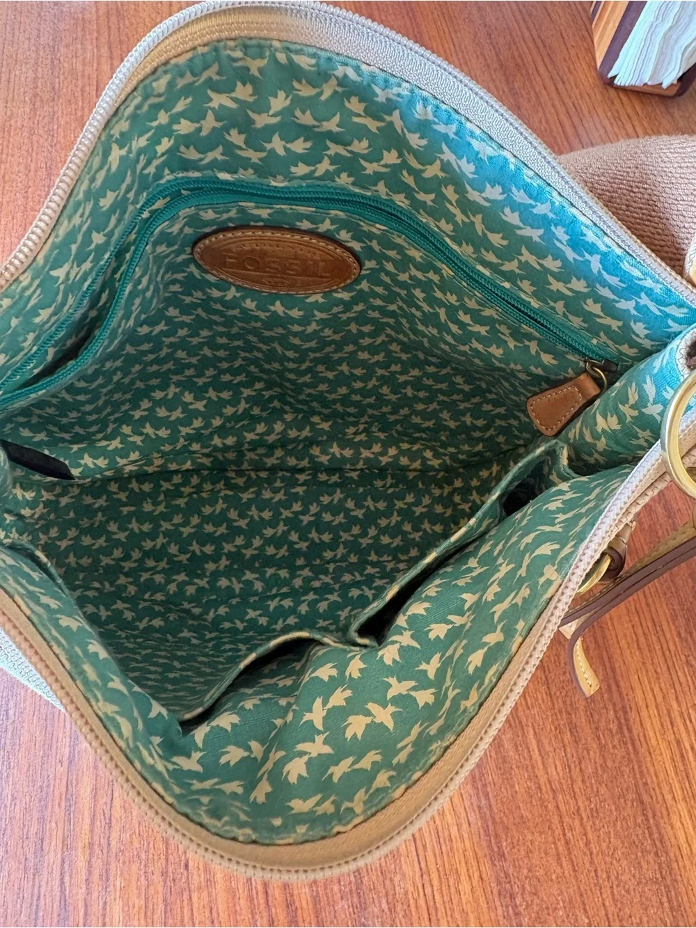 Fossil Cream Canvas Crossbody with Teal Polka Dots and Pink Trim - Picture 7 of 8